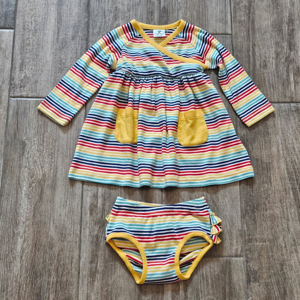 Hanna Andersson Dress Set Kids 80 Multicolor Striped Ruffle Butt Organic Cotton